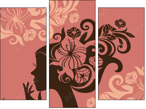 Beautiful woman silhouette with a flowers - Dreiteiliges Leinwandbild, Triptychon