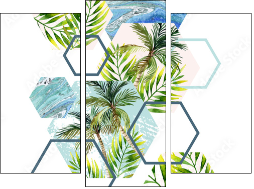 Watercolor tropical leaves and palm trees in geometric shapes seamless pattern - Dreiteiliges Leinwandbild, Triptychon