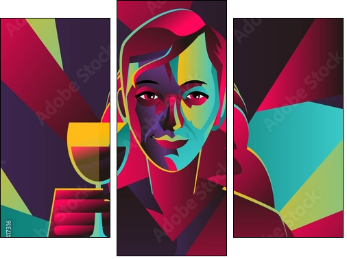 cubist colorful girl drinking wine - Dreiteiliges Leinwandbild, Triptychon