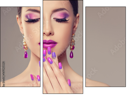 Beautiful girl model with fashion violet make-up and purple design manicure on nails . Jewelry and cosmetics , large violet earrings - Dreiteiliges Leinwandbild, Triptychon