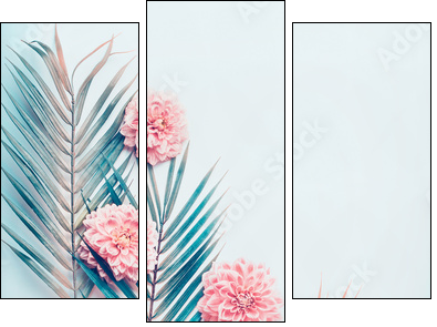 Creative layout with tropical palm leaves and pastel pink flowers on  turquoise blue desktop background, top view, place for text, vertical - Dreiteiliges Leinwandbild, Triptychon