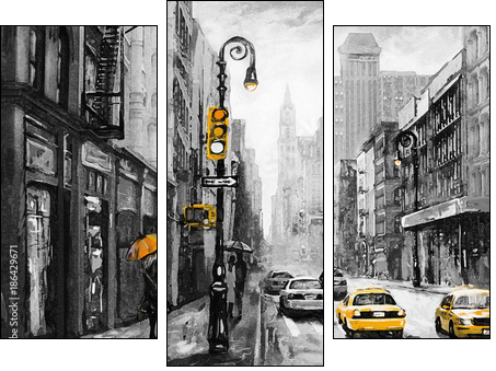 oil painting on canvas, street view of New York, man and woman, yellow taxi,  modern Artwork,  American city, illustration New York - Dreiteiliges Leinwandbild, Triptychon