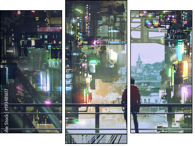 man standing on balcony looking at futuristic city with colorful light, digital art style, illustration painting - Dreiteiliges Leinwandbild, Triptychon