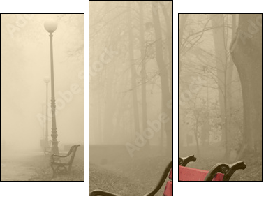 red bench in the fog - Dreiteiliges Leinwandbild, Triptychon