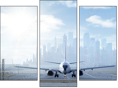 Big aircraft on runway in big city - Dreiteiliges Leinwandbild, Triptychon