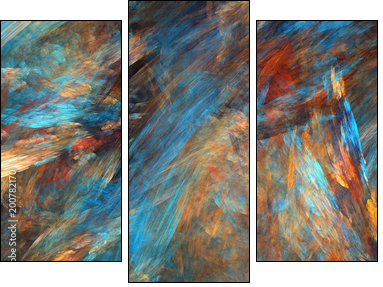 Abstract painted texture. Chaotic blue, orange and red strokes. Fractal background. Fantasy digital art. 3D rendering. - Dreiteiliges Leinwandbild, Triptychon
