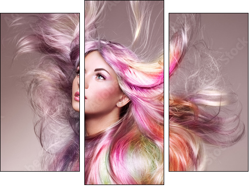 Beauty Fashion Model Girl with Colorful Dyed Hair. Girl with perfect Makeup and Hairstyle. Model with perfect Healthy Dyed Hair. Rainbow Hairstyles - Dreiteiliges Leinwandbild, Triptychon