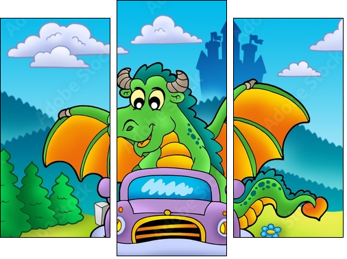 Green dragon driving car - Dreiteiliges Leinwandbild, Triptychon