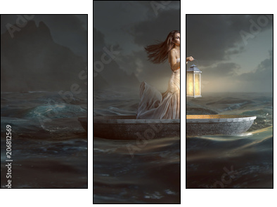 Frau mit Laterne in Ruderboot - Dreiteiliges Leinwandbild, Triptychon
