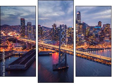 Aerial cityscape view of San Francisco and the Bay Bridge at Night - Dreiteiliges Leinwandbild, Triptychon