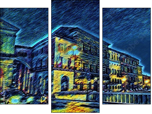 Ponte di mezzo in Pisa, Italy. Old houses at embankment. Italian bridge. Big size oil painting fine art in Vincent Van Gogh style. Modern impressionism drawn. Creative artistic print or poster. - Dreiteiliges Leinwandbild, Triptychon