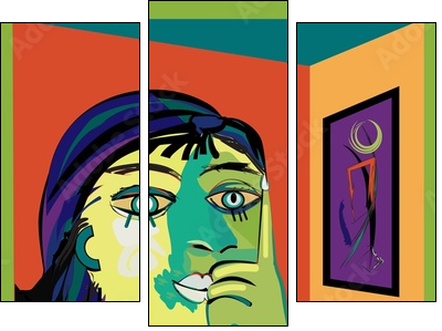 Colorful abstract background, inspired by Picasso, thinking woman - Dreiteiliges Leinwandbild, Triptychon