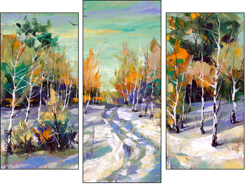 Winter road to wood - Dreiteiliges Leinwandbild, Triptychon