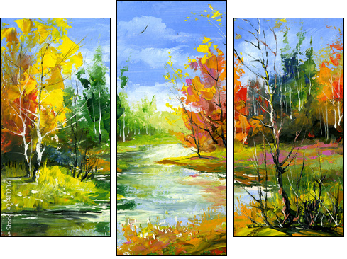 Autumn landscape with the wood river - Dreiteiliges Leinwandbild, Triptychon