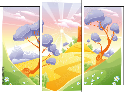 Landscape with tower. Funny cartoon and vector illustration. - Dreiteiliges Leinwandbild, Triptychon