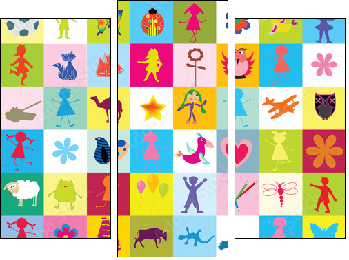 Pattern with toys and kids for kindergarten - Dreiteiliges Leinwandbild, Triptychon