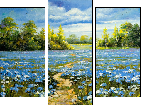 Road through a field with blossoming cornflowers - Dreiteiliges Leinwandbild, Triptychon