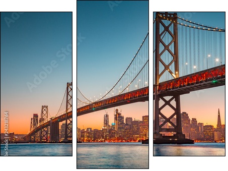 San Francisco skyline with Oakland Bay Bridge at sunset, California, USA - Dreiteiliges Leinwandbild, Triptychon