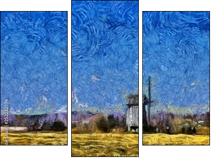 Nature landscape and old historical mill in village. Impressionism oil painting in Vincent Van Gogh modern style. Creative artistic print for canvas or textile. Wallpaper, poster or postcard design. - Dreiteiliges Leinwandbild, Triptychon
