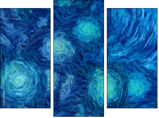 Impressionism wall art print. Vincent Van Gogh style oil painting. Swirl splashes. Surrealism artwork. Abstract artistic background. Real brush strokes on canvas. - Dreiteiliges Leinwandbild, Triptychon
