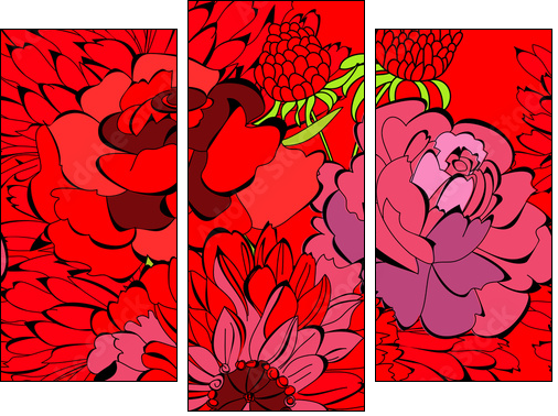Seamless pattern with red flowers - Dreiteiliges Leinwandbild, Triptychon