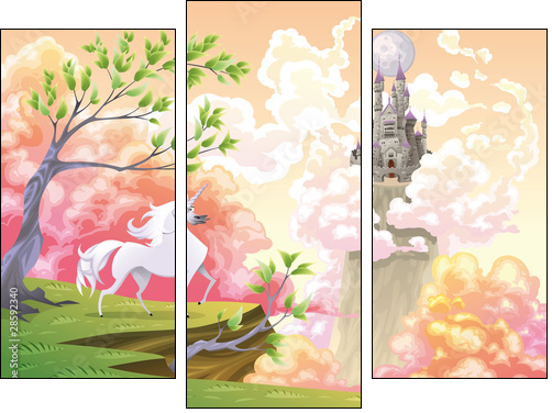Unicorn and mythological landscape. Vector illustration - Dreiteiliges Leinwandbild, Triptychon