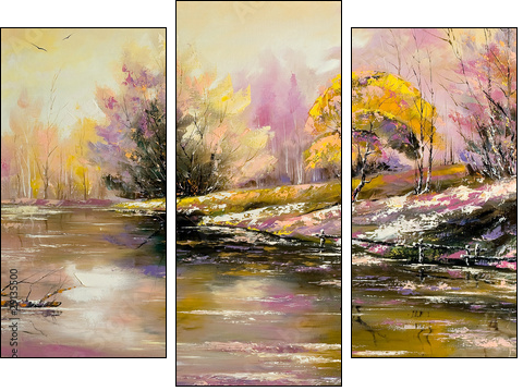 Autumn landscape with snow and the river - Dreiteiliges Leinwandbild, Triptychon