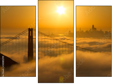 Spectacular Golden Gate Bridge sunrise with low fog and city view - Dreiteiliges Leinwandbild, Triptychon