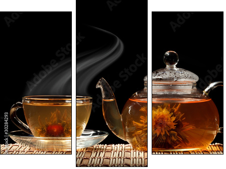 Glass teapot and a cup of green tea on a black background - Dreiteiliges Leinwandbild, Triptychon