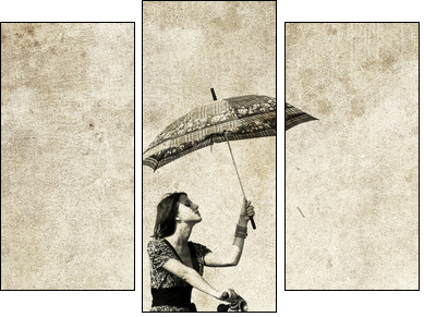 Girl with umbrella on bike. Photo in old image style. - Dreiteiliges Leinwandbild, Triptychon