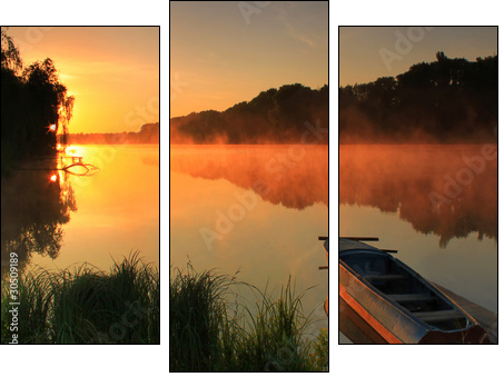 Boat on the shore of a misty lake - Dreiteiliges Leinwandbild, Triptychon
