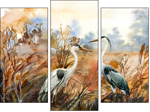 autumn landscape with birds  crane, watercolor illustration - Dreiteiliges Leinwandbild, Triptychon