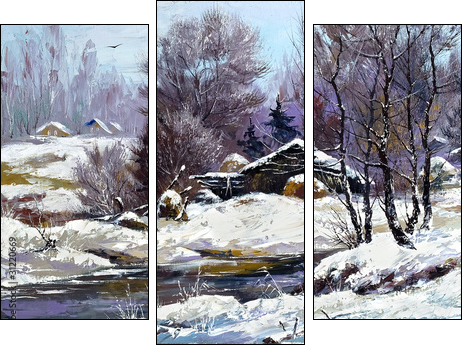 Small house in winter village - Dreiteiliges Leinwandbild, Triptychon