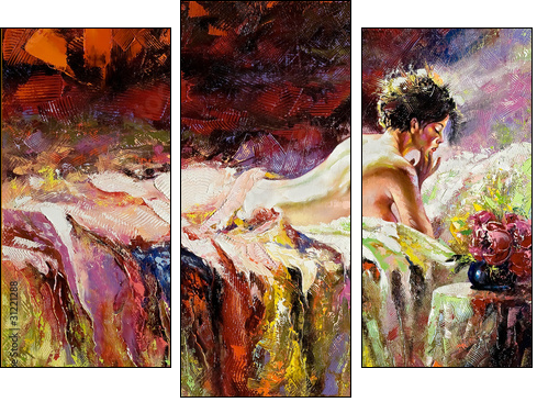 The naked girl laying on a bed - Dreiteiliges Leinwandbild, Triptychon