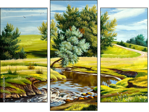 Summer landscape with the river - Dreiteiliges Leinwandbild, Triptychon