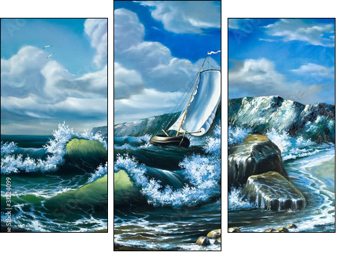 Lonely sailing vessel in the storming sea - Dreiteiliges Leinwandbild, Triptychon