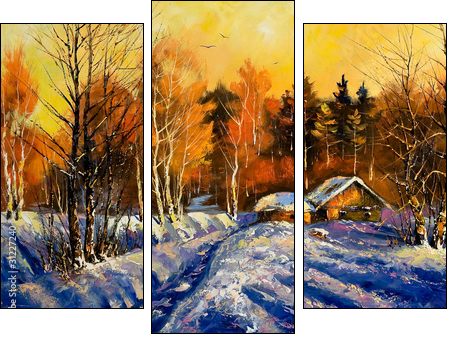 Evening in winter village - Dreiteiliges Leinwandbild, Triptychon