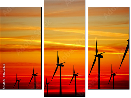 Wind turbines farm at sunset - Dreiteiliges Leinwandbild, Triptychon