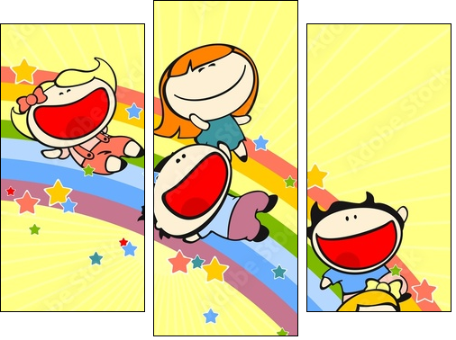 Kids sliding on a rainbow - Dreiteiliges Leinwandbild, Triptychon