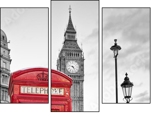 Red phone booth in London with the Big Ben in black and white - Dreiteiliges Leinwandbild, Triptychon