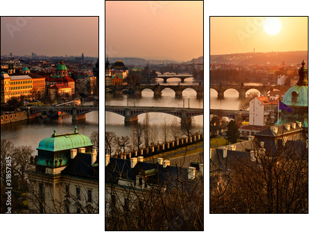 Panoramic view on Charles bridge and sunset Prague lights. - Dreiteiliges Leinwandbild, Triptychon