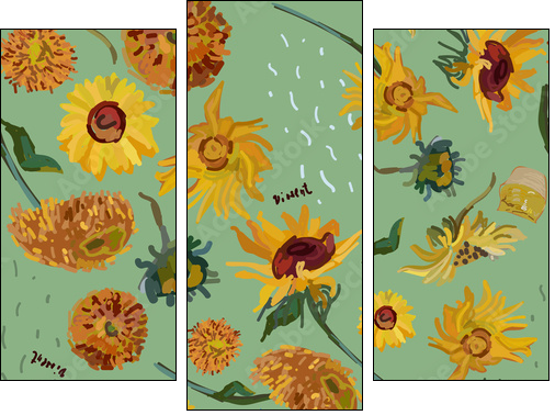 Sunflower flowers on a background of sea green. Vector illustration based on the painting of Van Gogh. - Dreiteiliges Leinwandbild, Triptychon