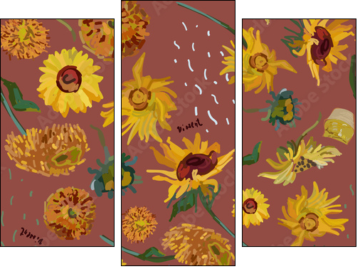 Sunflower flowers on a background of sea green. Vector illustration based on the painting of Van Gogh. - Dreiteiliges Leinwandbild, Triptychon