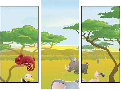Cute African safari animal cartoon scene - Dreiteiliges Leinwandbild, Triptychon