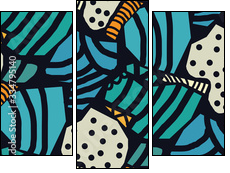 Creative seamless pattern in the style of Picasso. Various hand-drawn geometric shapes in turquoise, gold tones. Grunge texture. Minimalistic vintage design. Crazy art Wallpaper. Vector illustration. - Dreiteiliges Leinwandbild, Triptychon