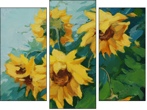 field with sunflowers drawn on a canvas oil,  illustration, pain - Dreiteiliges Leinwandbild, Triptychon