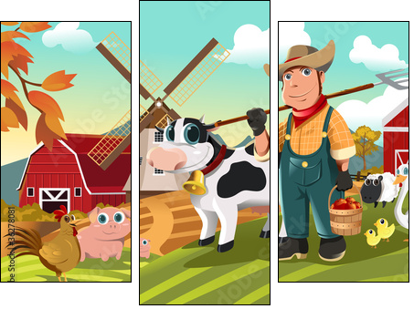 Farmer at the farm with animals - Dreiteiliges Leinwandbild, Triptychon