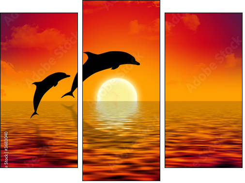 illustration of two dolphins swimming in sunset - Dreiteiliges Leinwandbild, Triptychon