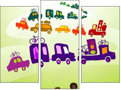 cars caravan, Group of kids playing in a landscape - Dreiteiliges Leinwandbild, Triptychon