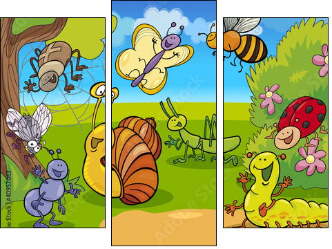 cartoon insects on the meadow - Dreiteiliges Leinwandbild, Triptychon